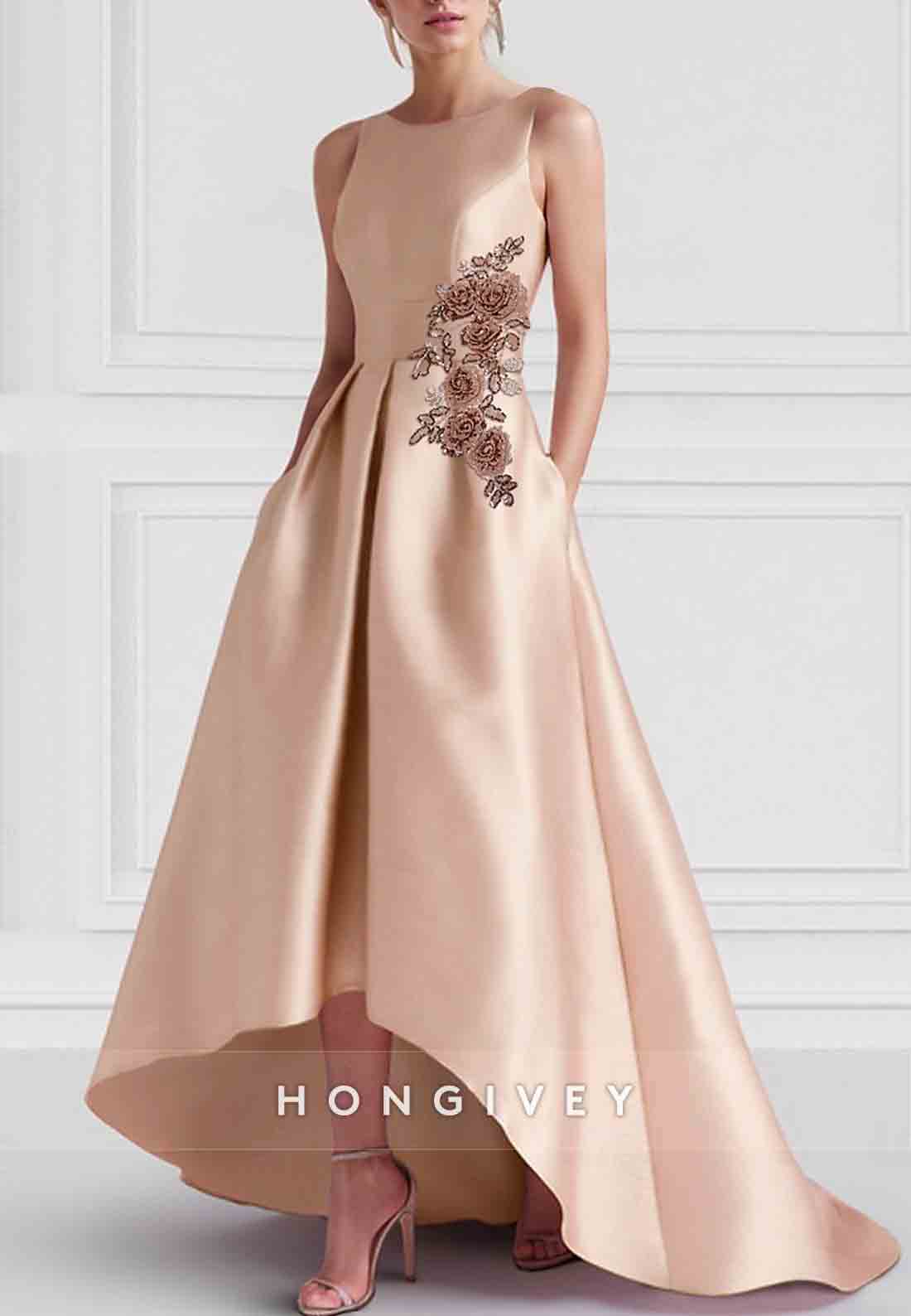 Asymmetrical Sleeveless Floral Satin Evening Gown Wedding Guest with Embroidery Appliques Dresses