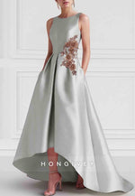 Asymmetrical Sleeveless Floral Satin Evening Gown Wedding Guest with Embroidery Appliques Dresses