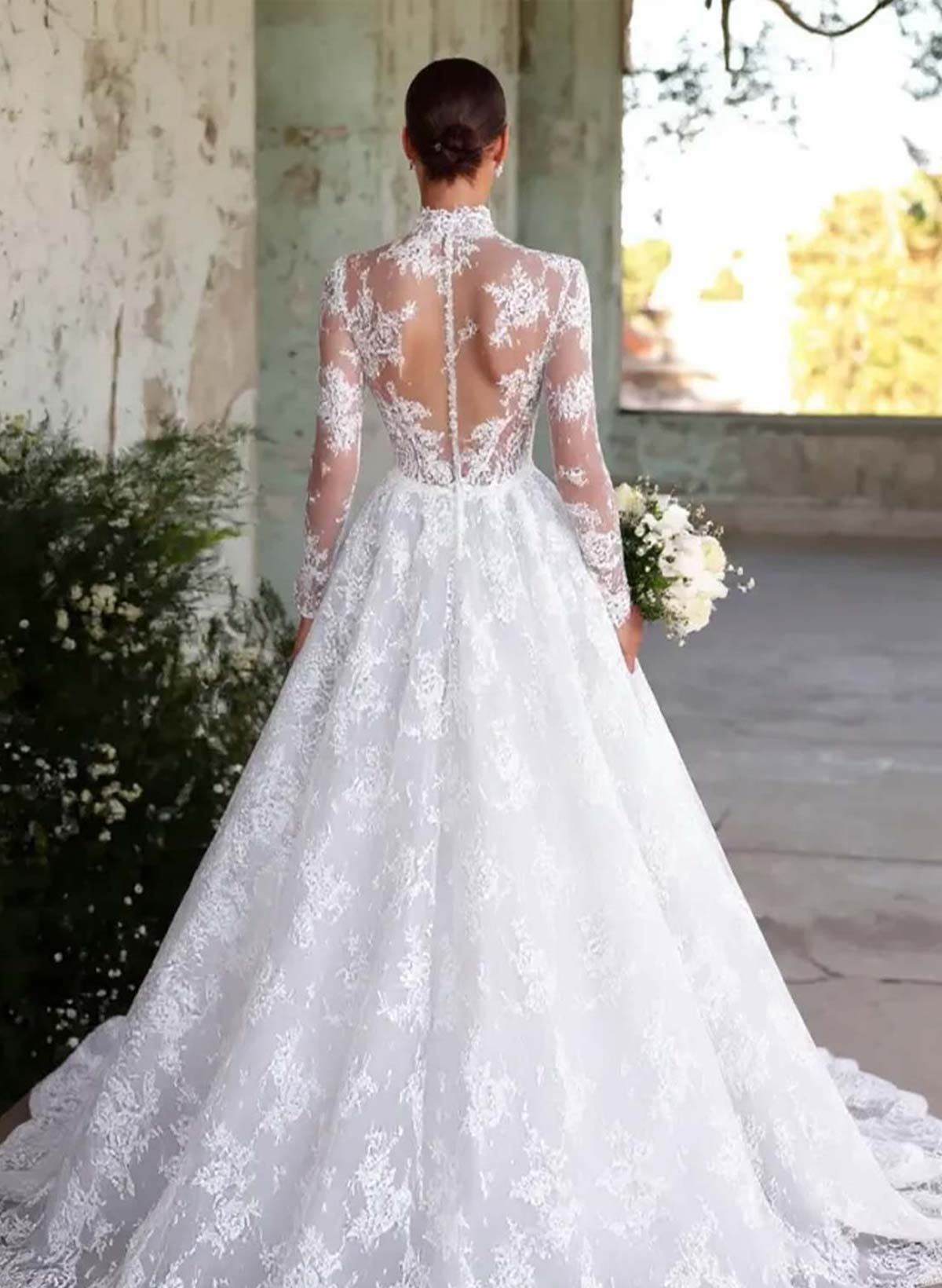 Elegant High Neck Lace Long Sleeve Sheer A-Line Floor-Length Wedding Dress