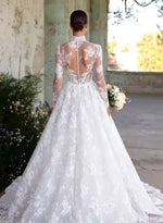 Elegant High Neck Lace Long Sleeve Sheer A-Line Floor-Length Wedding Dress