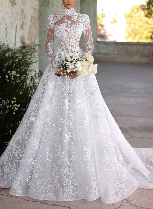 Elegant High Neck Lace Long Sleeve Sheer A-Line Floor-Length Wedding Dress