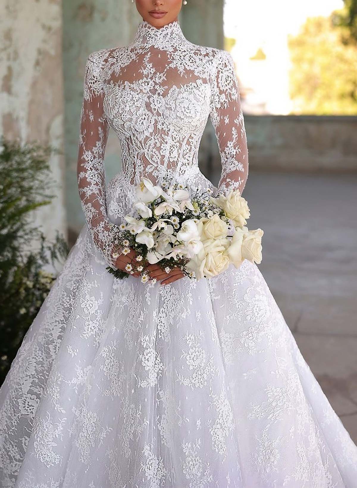 Elegant High Neck Lace Long Sleeve Sheer A-Line Floor-Length Wedding Dress