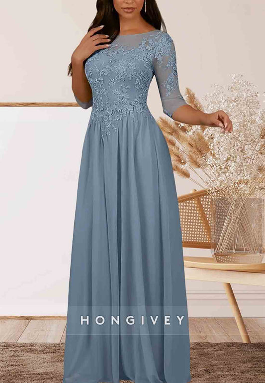 Floor-Length A-Line 3/4sleeves Keyhole Back Appliqued Mother of Bride