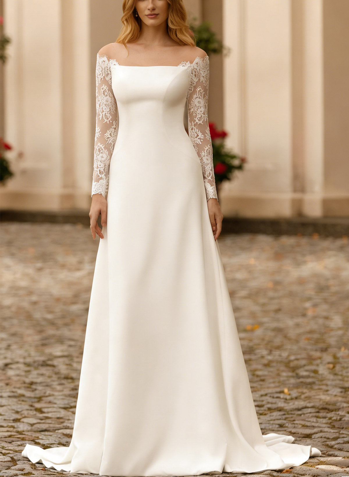 A-Line Off-The-Shoulder Long Sleeves Sweep Train Elastic Satin Wedding Dresses With Appliques