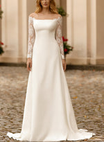 A-Line Off-The-Shoulder Long Sleeves Sweep Train Elastic Satin Wedding Dresses With Appliques