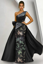 One Shoulder Sleeveless Bow Sequins Sparkle Mermaid Court Train Evening Dress