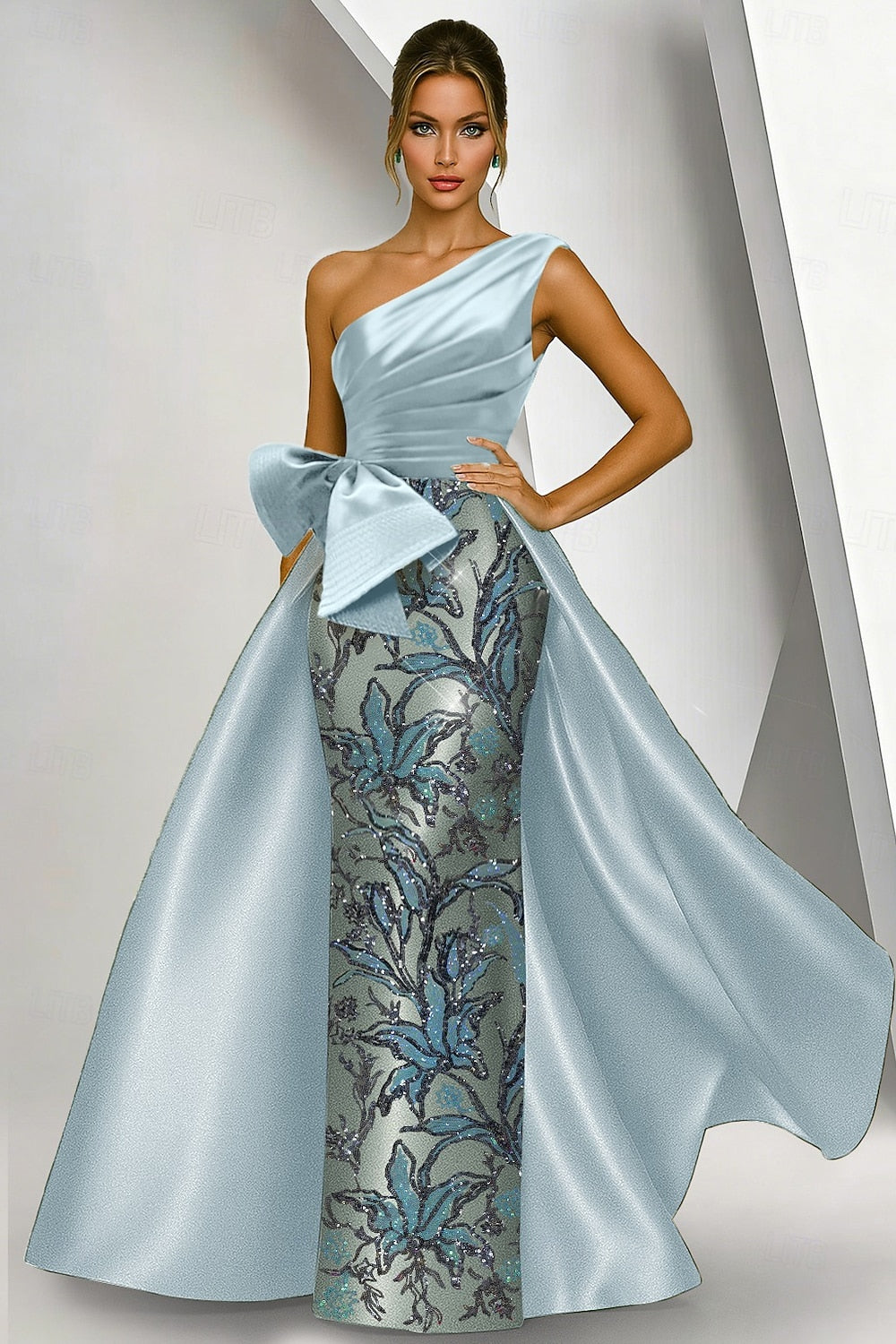 One Shoulder Sleeveless Bow Sequins Sparkle Mermaid Court Train Evening Dress