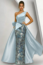 One Shoulder Sleeveless Bow Sequins Sparkle Mermaid Court Train Evening Dress