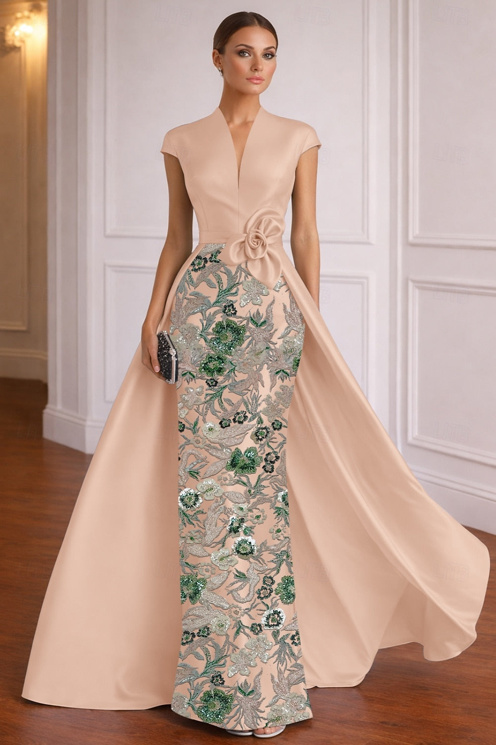 V-Neck Sleeveless Flowers Floral Print Mermaid Court Train Evening Dress