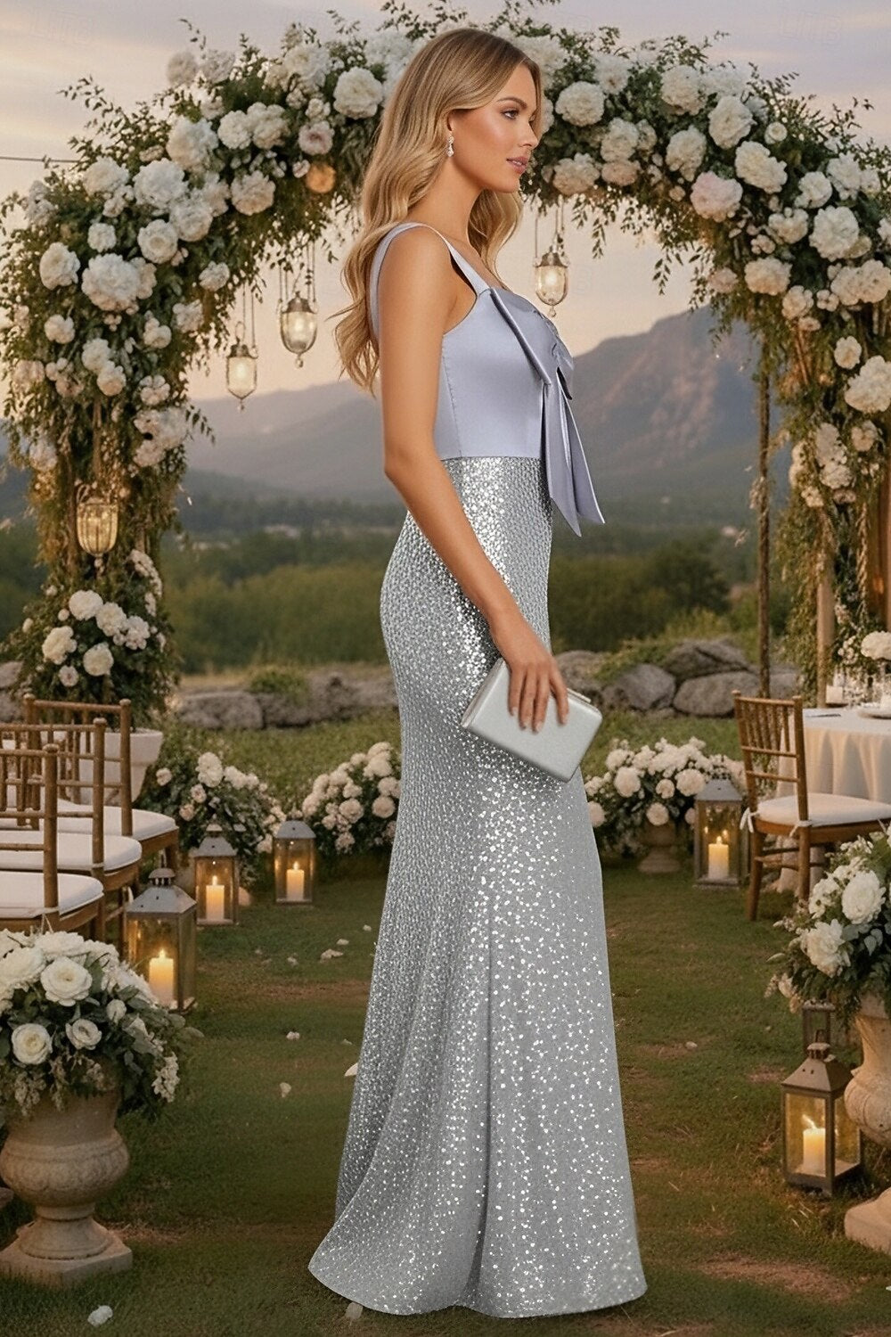 Square Neck Bow Sleeveless Sequins Sparkle Mermaid Evening Dress