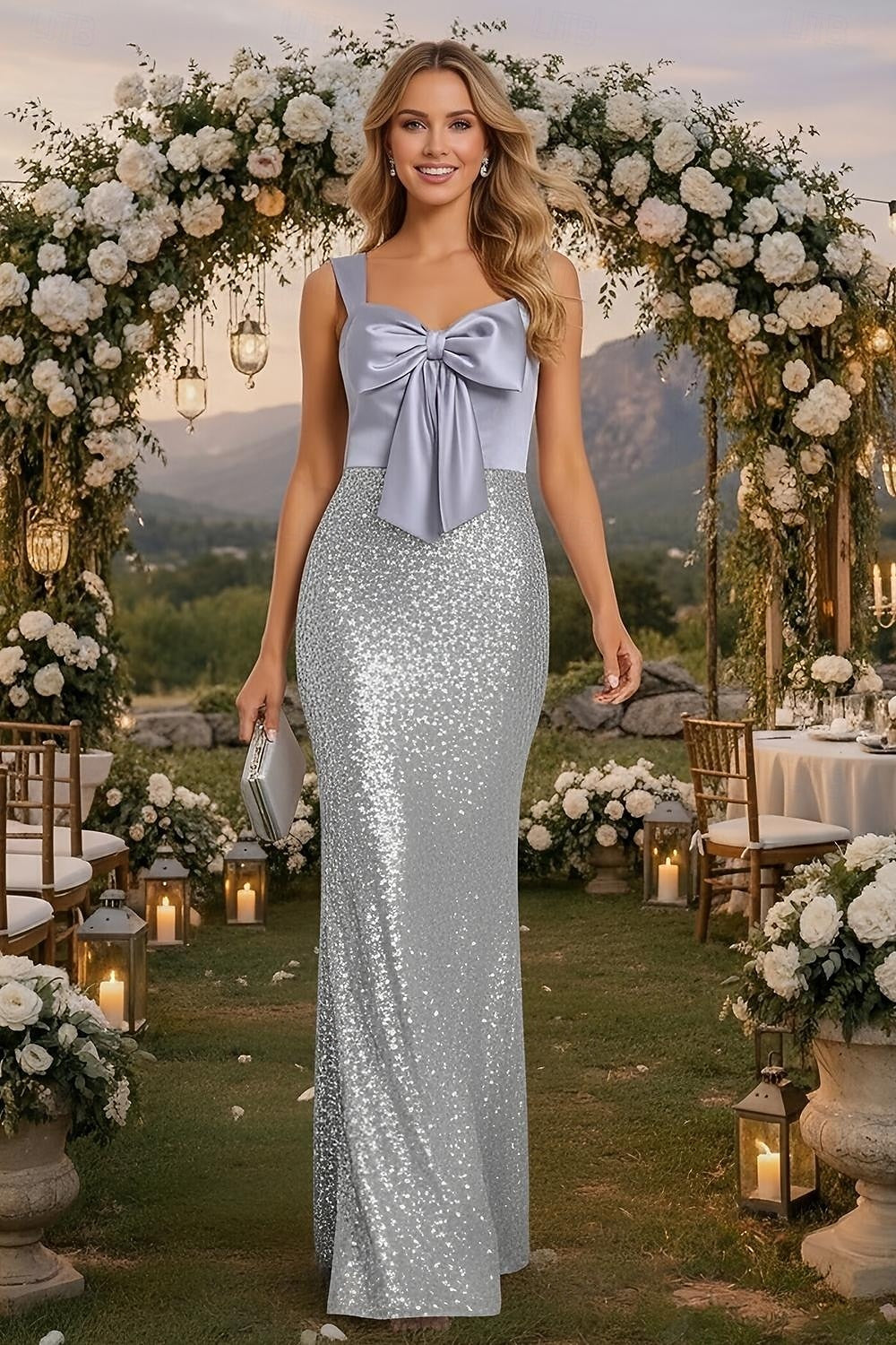 Square Neck Bow Sleeveless Sequins Sparkle Mermaid Evening Dress