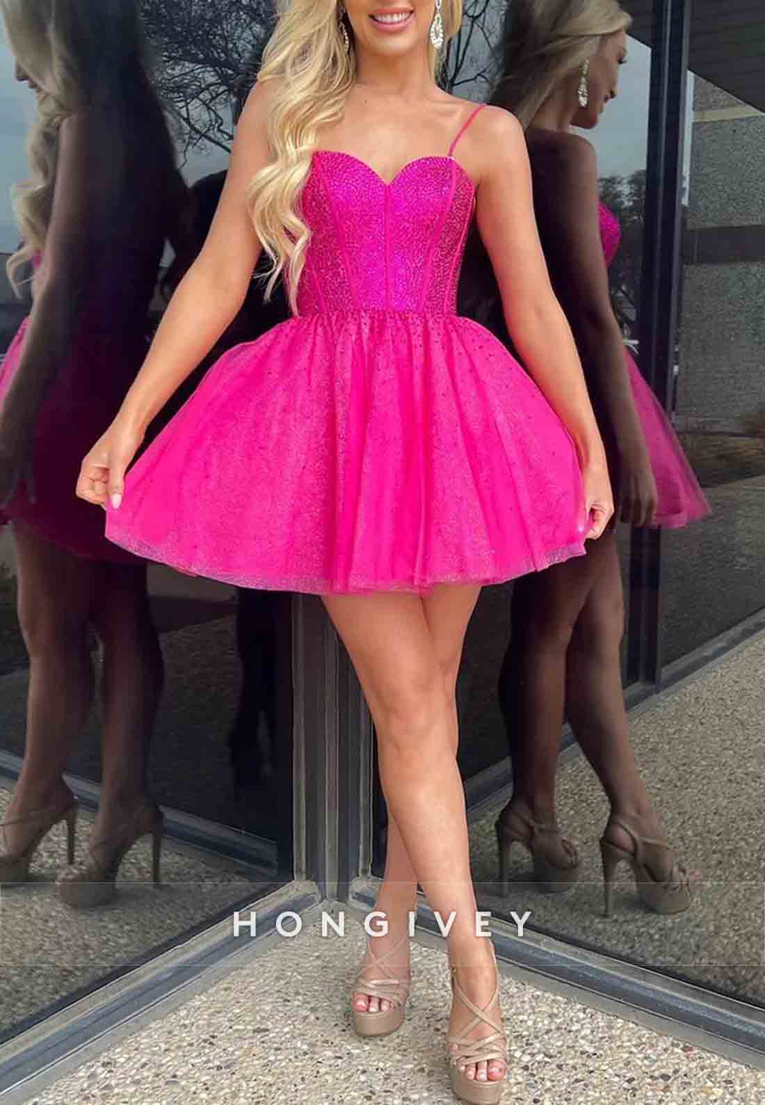 Gorgeous Fuchsia Spaghetti Straps Sweetheart Beading Short Homecoming Dress