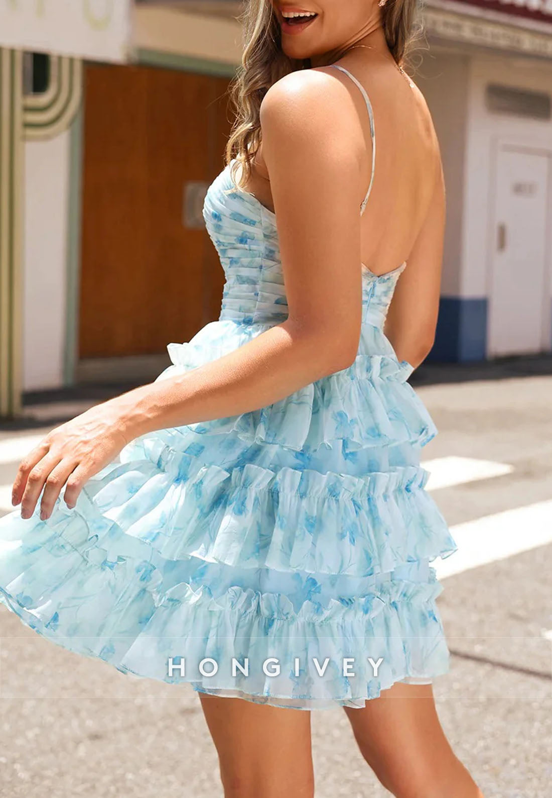 A-Line Spaghetti Straps Tiered Blue Floral Short Homecoming Dress
