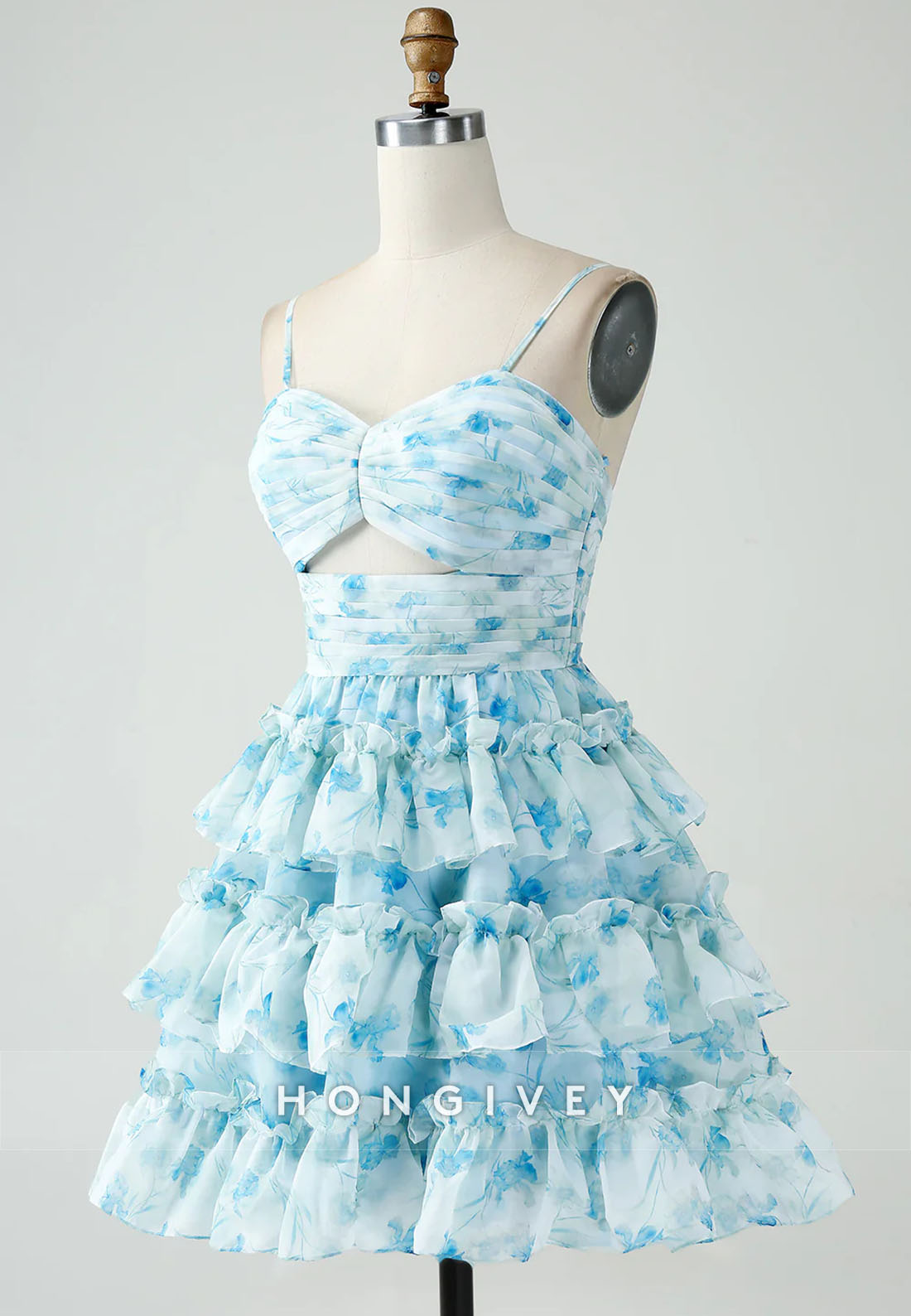 A-Line Spaghetti Straps Tiered Blue Floral Short Homecoming Dress