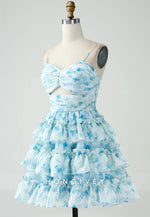 A-Line Spaghetti Straps Tiered Blue Floral Short Homecoming Dress