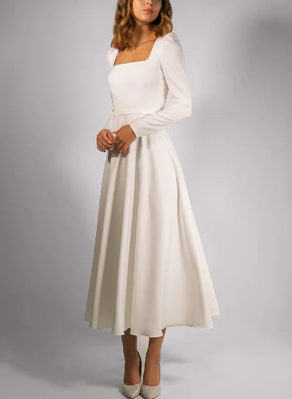 Square Neck Long Sleeve A-Line Ankle-Length Wedding Dress