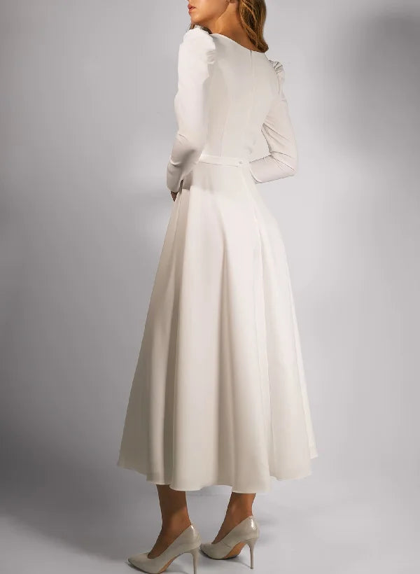 Square Neck Long Sleeve A-Line Ankle-Length Wedding Dress