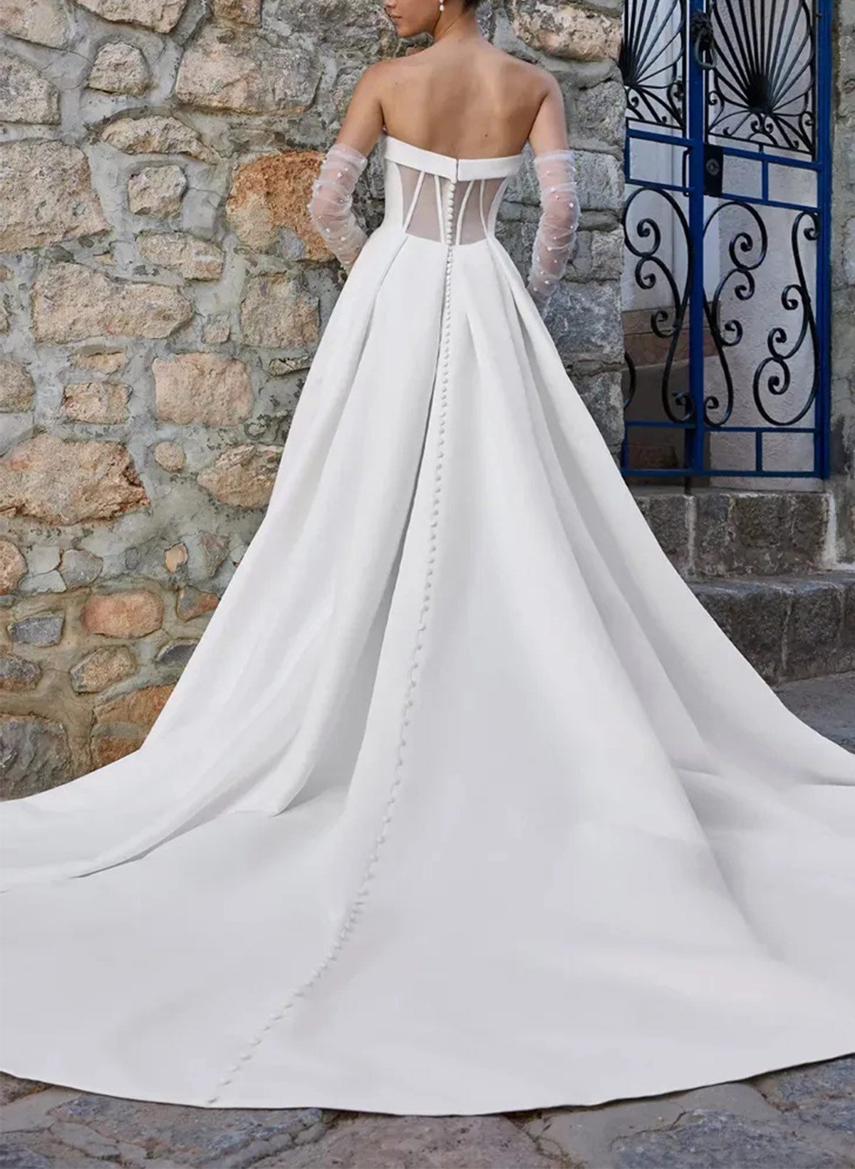 Simple Detachable Long Sleeve Sweetheart A-Line Side Slit Floor-Length Wedding Dress