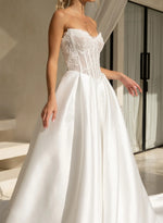 A-Line Strapless Sleeveless Chapel Train Matte Satin Wedding Dresses With Pockets
