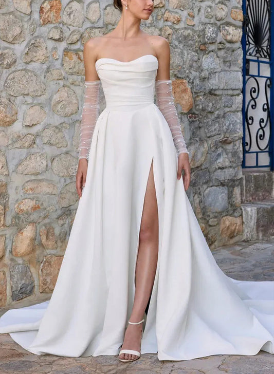 Simple Detachable Long Sleeve Sweetheart A-Line Side Slit Floor-Length Wedding Dress