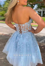 A-Line Strapless Lace Up Short Tulle Homecoming Dresses with Appliques