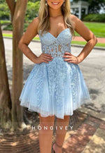 A-Line Strapless Lace Up Short Tulle Homecoming Dresses with Appliques