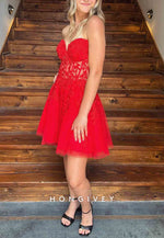 A-Line Strapless Lace Up Short Tulle Homecoming Dresses with Appliques