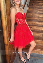 A-Line Strapless Lace Up Short Tulle Homecoming Dresses with Appliques