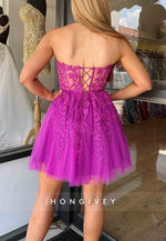 A-Line Strapless Lace Up Short Tulle Homecoming Dresses with Appliques