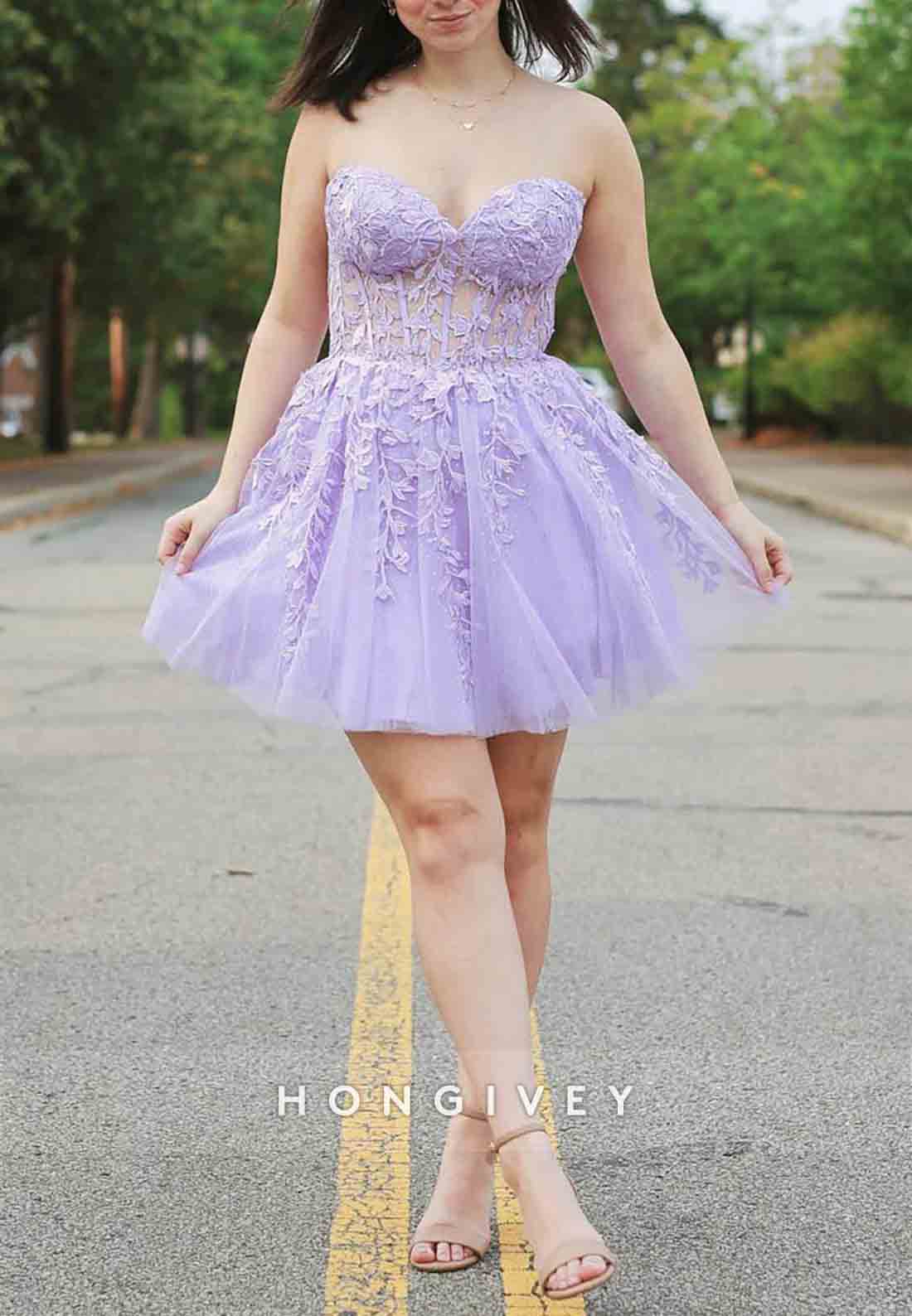 A-Line Strapless Lace Up Short Tulle Homecoming Dresses with Appliques