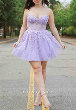 A-Line Strapless Lace Up Short Tulle Homecoming Dresses with Appliques