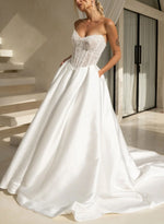A-Line Strapless Sleeveless Chapel Train Matte Satin Wedding Dresses With Pockets
