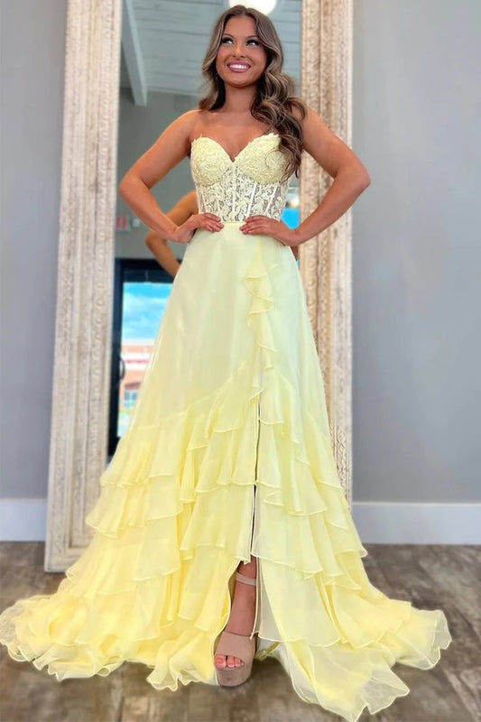 A-Line Strapless V-Neck Ruffles Chiffon Yellow Long Prom Dress