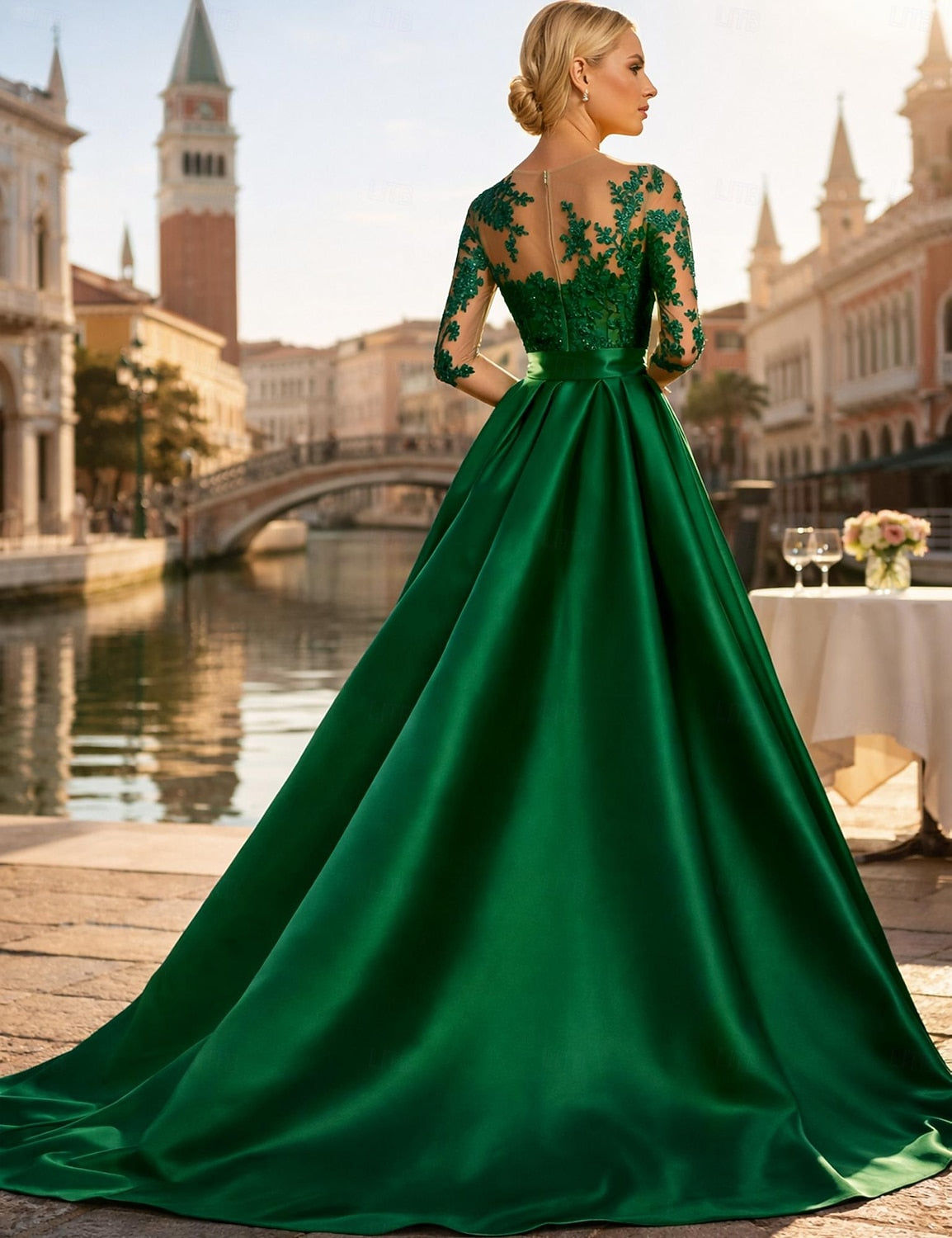 3/4 Sleeve Appliqie Mermaid Court Train Floor-Length Evening Dress