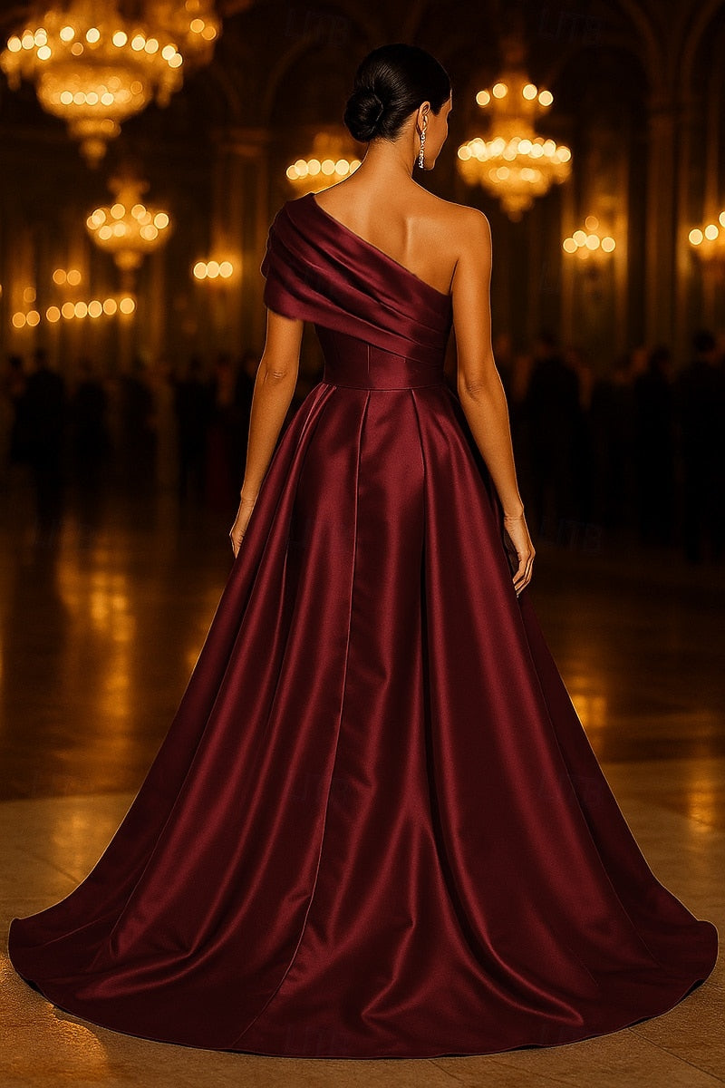 A-Line One Shoulder Evening Gown with Overskirt Formal Dress Elegant Sleeveless Formal Wedding Stretch Satin with Ruched