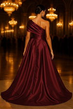 A-Line One Shoulder Evening Gown with Overskirt Formal Dress Elegant Sleeveless Formal Wedding Stretch Satin with Ruched