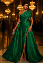 A-Line One Shoulder Evening Gown with Overskirt Formal Dress Elegant Sleeveless Formal Wedding Stretch Satin with Ruched