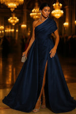 A-Line One Shoulder Evening Gown with Overskirt Formal Dress Elegant Sleeveless Formal Wedding Stretch Satin with Ruched