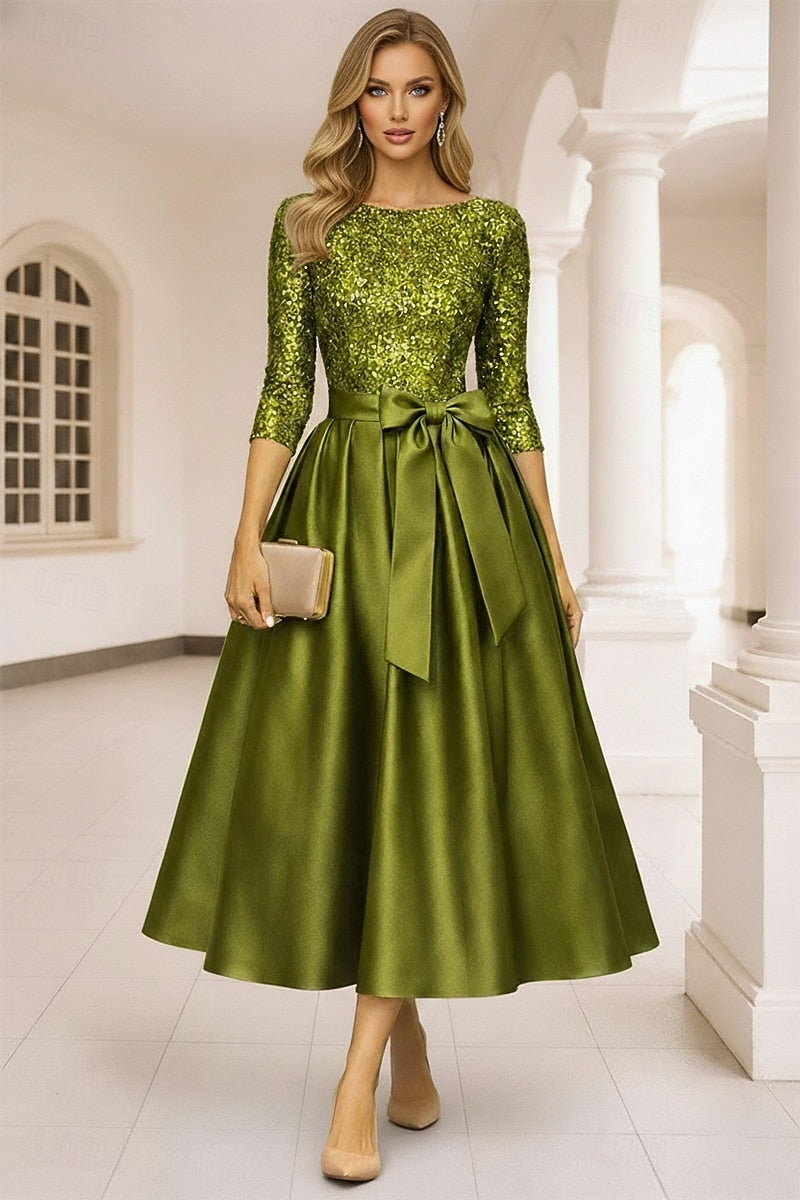 3/4 Sleeve Sequins Bow A-Line Tea-Length Evening Dress