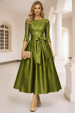 3/4 Sleeve Sequins Bow A-Line Tea-Length Evening Dress