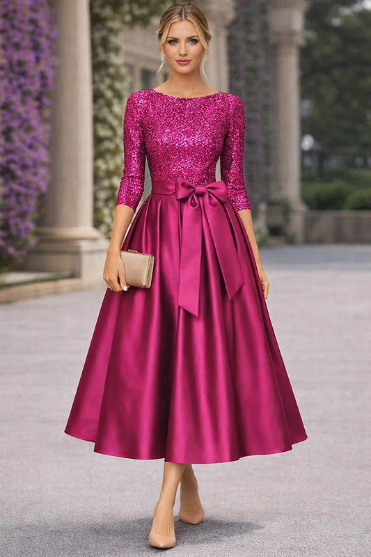 3/4 Sleeve Sequins Bow A-Line Tea-Length Evening Dress