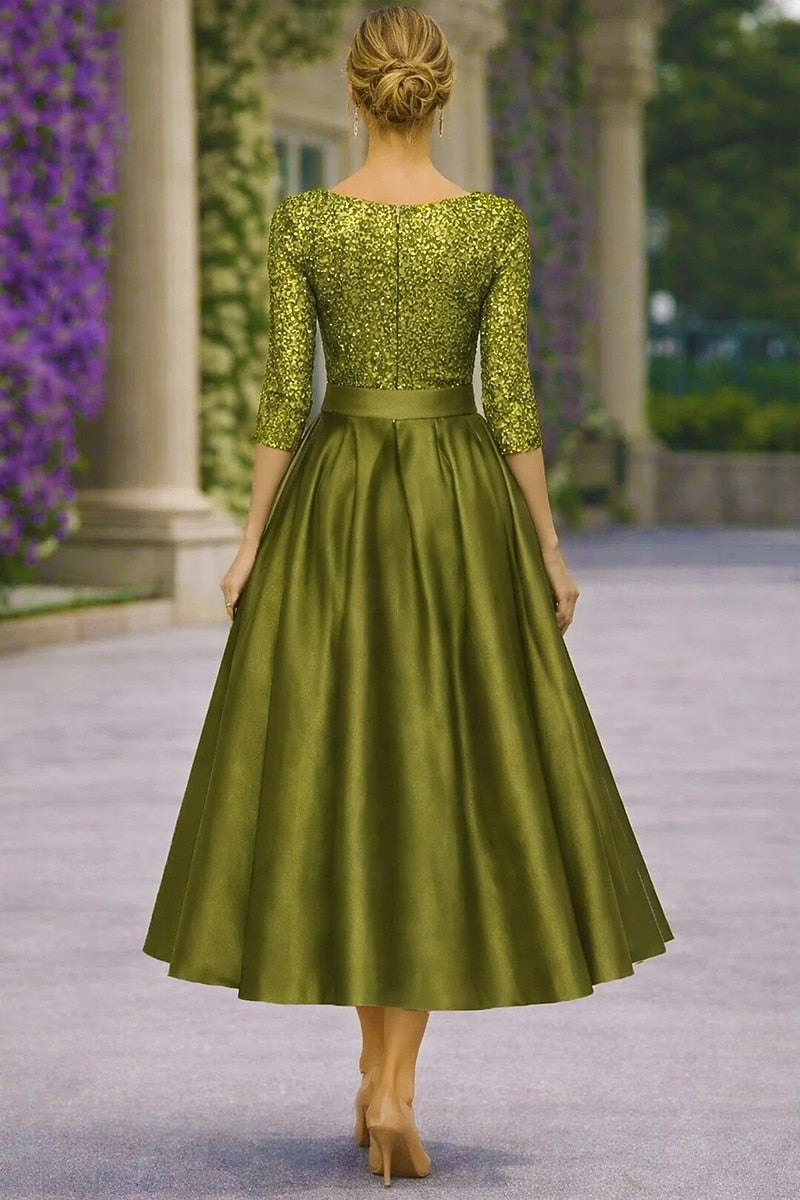 3/4 Sleeve Sequins Bow A-Line Tea-Length Evening Dress