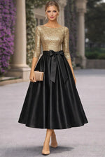 3/4 Sleeve Sequins Bow A-Line Tea-Length Evening Dress