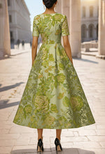 Green Half Sleeve 3D Flowers Floral Print A-Line Tea-Length Evening Dress