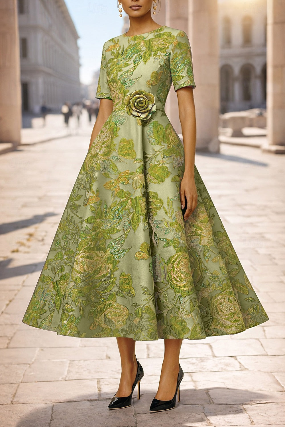 Green Half Sleeve 3D Flowers Floral Print A-Line Tea-Length Evening Dress