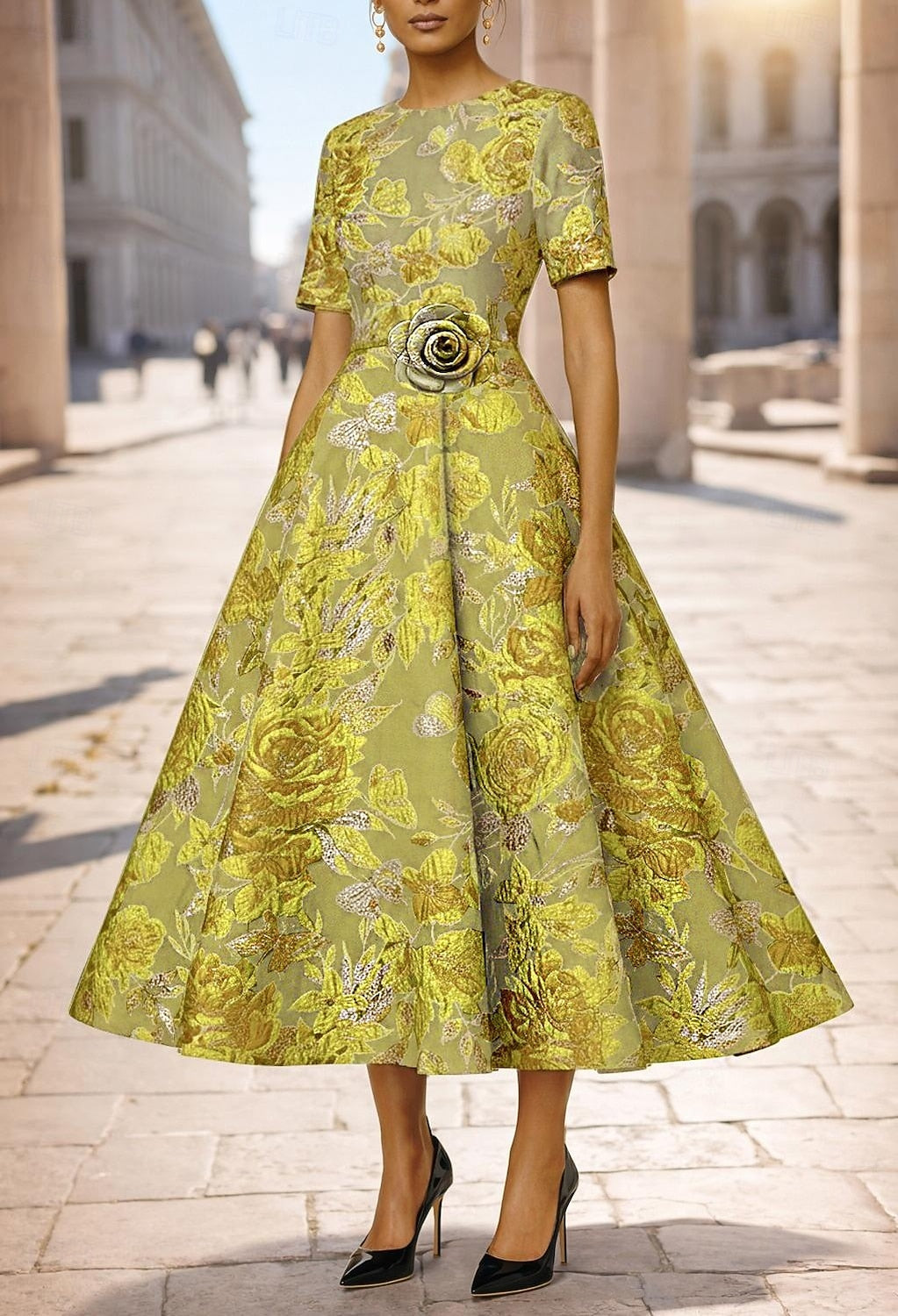 Green Half Sleeve 3D Flowers Floral Print A-Line Tea-Length Evening Dress
