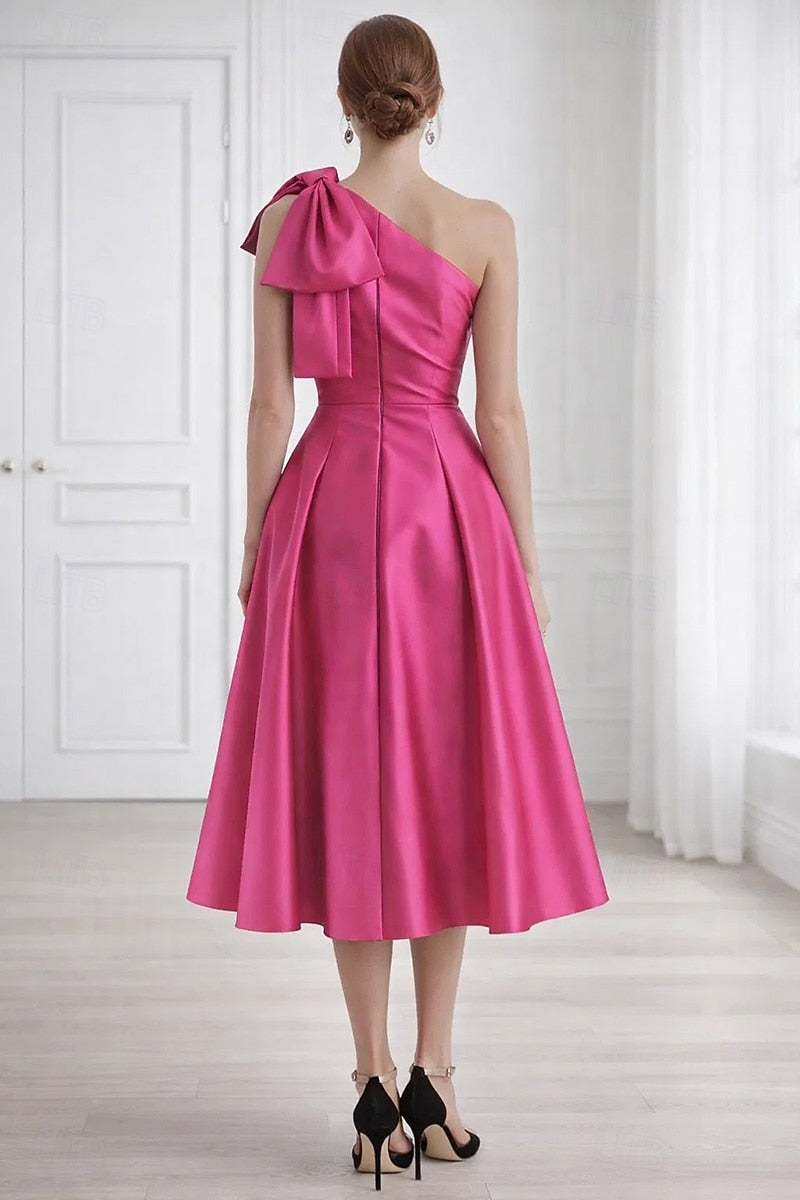 One Shoulder Sleeveless Bow A-Line Tea-Length Evening Dress