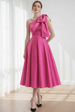 One Shoulder Sleeveless Bow A-Line Tea-Length Evening Dress