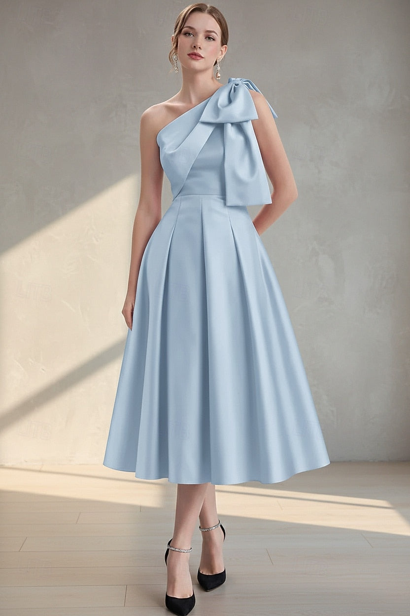 One Shoulder Sleeveless Bow A-Line Tea-Length Evening Dress