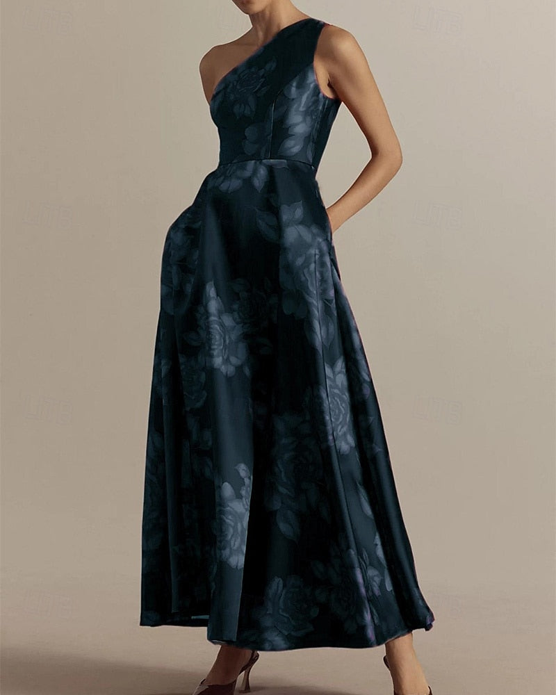 Floral Print One Shoulder Sleeve A-Line Ankle-Length Evening Dress